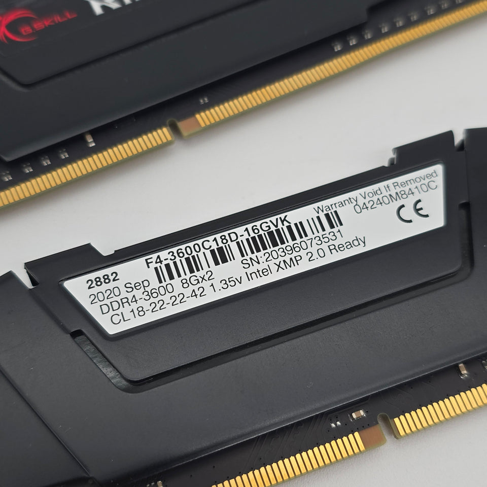 16GB DDR4 RAM. G.Skill Ripjaws V 3600MHz. CL18-22-22-42 2x8GB Sticks