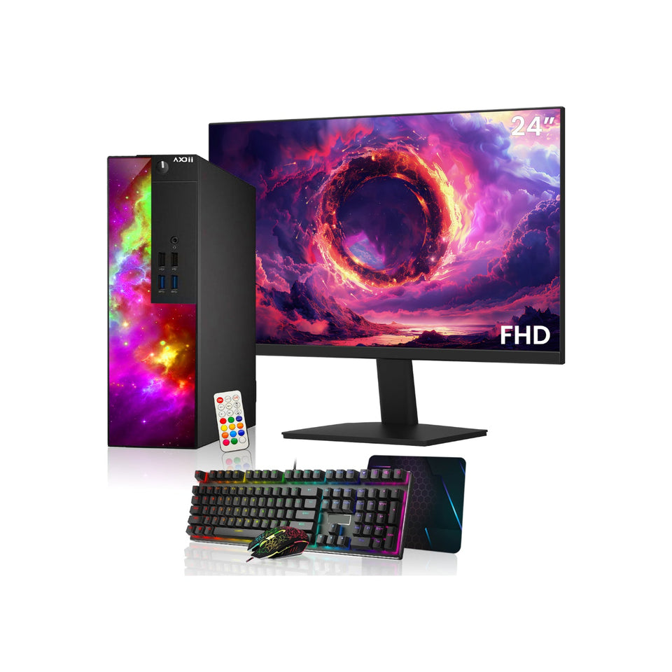 AXOII SPARK Gaming Desktop PC Computer. Intel Core i5/i7 - 8th Gen Processor. Graphics Card - AMD RX 550 / GT1030. 16GB DDR4 RAM. 512GB NVMe SSD. 24/27 Inch FHD Monitor. Wi-Fi. Bluetooth Adapter - Windows 11 Pro