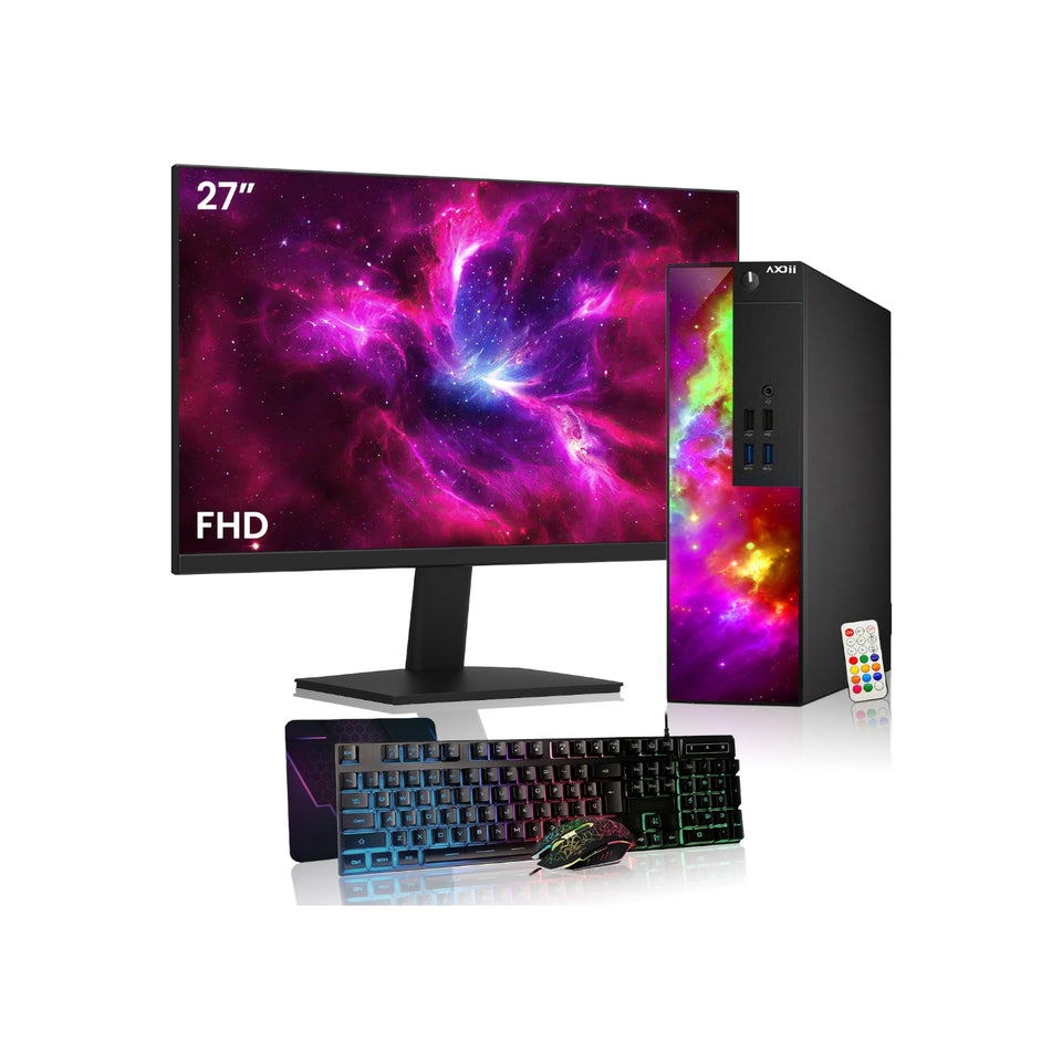 AXOII SPARK Gaming Desktop PC Computer. Intel Core i5/i7 - 8th Gen Processor. Graphics Card - AMD RX 550 / GT1030. 16GB DDR4 RAM. 512GB NVMe SSD. 24/27 Inch FHD Monitor. Wi-Fi. Bluetooth Adapter - Windows 11 Pro