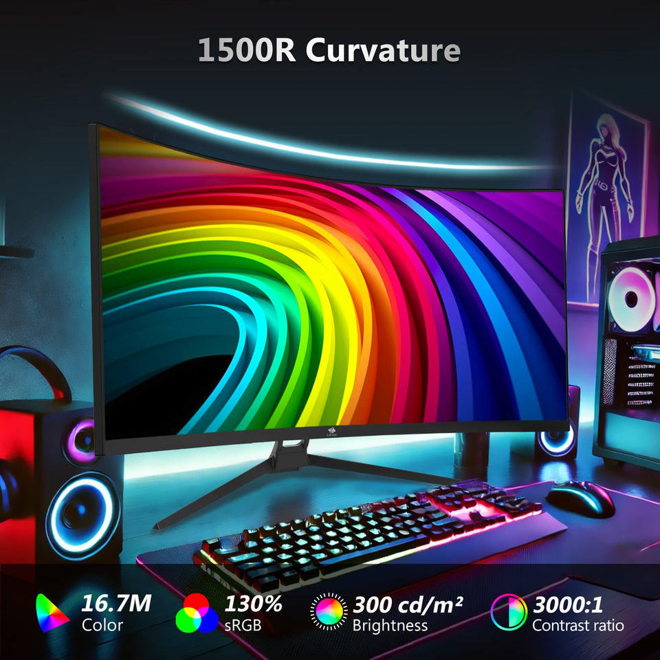 Z-EDGE UG34 34 Ultrawide 2K Curved Gaming Monitor with 165Hz Refresh Rate. 21:9 Aspect Ratio. 1ms MPRT. 3440x1440 Resolution. 1500R Curvature. VA Panel. 178 Viewing Angles. AMD Freesync