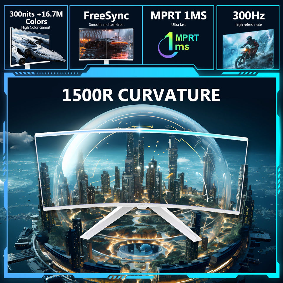 Z-EDGE 27 300Hz Curved Gaming Monitor. 1ms 16:9 FHD 1080P Frameless Curved Monitor.  White Monitor 2×DP. 2×HDMI