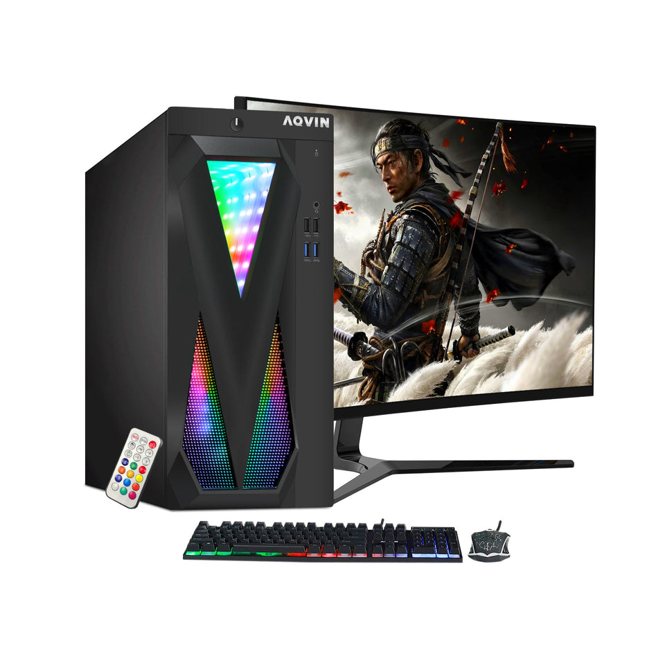AQVIN Tower Desktop Computer Windows 11 Pro Gaming PC. 27-inch Curved Gaming Monitor. Intel Core i5 - i7 8th Gen CPU.  32GB DDR4 RAM. 1TB SSD. RX 550/GTX1630/1050Ti/1650 HDMI. WIFI - Refurbished