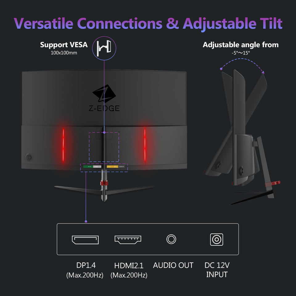 Refurbished: Z-EDGE 27 200Hz Curved Gaming Monitor 1ms Full HD 1080P HDMI & DP Port Support Universal Mount