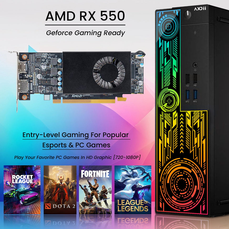 AXOII Electra Gaming PC. Intel Core i7 Processor. Graphics Card - AMD RX 550 / GT1030. 16GB DDR4 RAM. 512GB SSD. 24 Inch FHD Monitor. Headset / Speaker - Windows 11 Pro