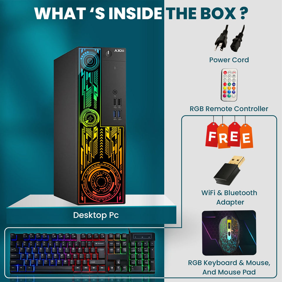 AXOII Electra Gaming Desktop PC. Intel Core i7 Processor. Graphics Card - AMD RX 550 / GT1030. 16GB DDR4 RAM. 512GB - 1TB NVMe SSD. 24/27 Inch FHD Monitor. Bluetooth - Windows 11 Pro