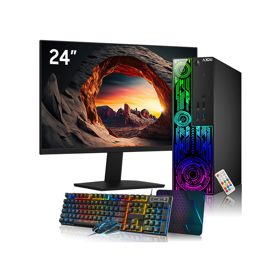 AXOII Electra Gaming Desktop PC. Intel Core i7 Processor. Graphics Card - AMD RX 550 / GT1030. 16GB DDR4 RAM. 512GB - 1TB NVMe SSD. 24/27 Inch FHD Monitor. Bluetooth - Windows 11 Pro