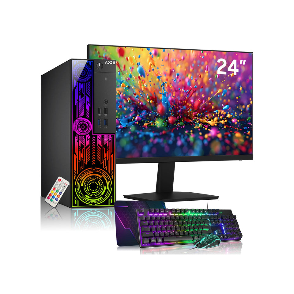 AXOII Electra Gaming Desktop PC. Intel Core i7 Processor. Graphics Card - AMD RX 550 / GT1030. 16GB DDR4 RAM. 512GB - 1TB NVMe SSD. 24/27 Inch FHD Monitor. Bluetooth - Windows 11 Pro