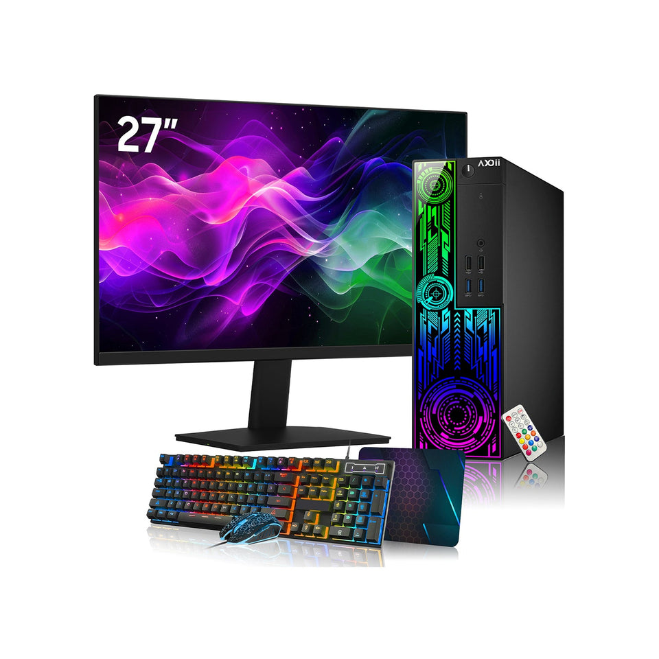 AXOII Electra Gaming Desktop PC. Intel Core i7 Processor. Graphics Card - AMD RX 550 / GT1030. 16GB DDR4 RAM. 512GB - 1TB NVMe SSD. 24/27 Inch FHD Monitor. Bluetooth - Windows 11 Pro