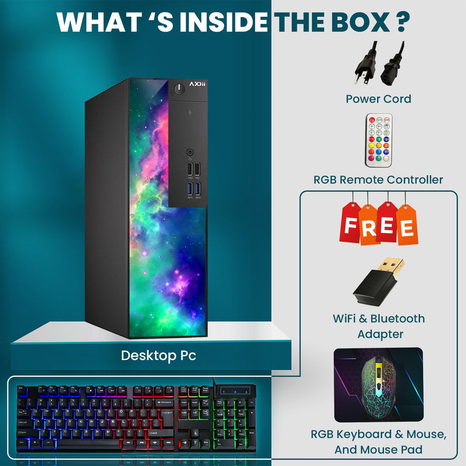 AXOII SPARK Gaming Desktop PC Computer. Intel Core i5/i7 - 8th Gen Processor. Graphics Card - AMD RX 550 / GT1030. 16GB DDR4 RAM. 512GB NVMe SSD. 24/27 Inch FHD Monitor. Wi-Fi. Bluetooth Adapter - Windows 11 Pro
