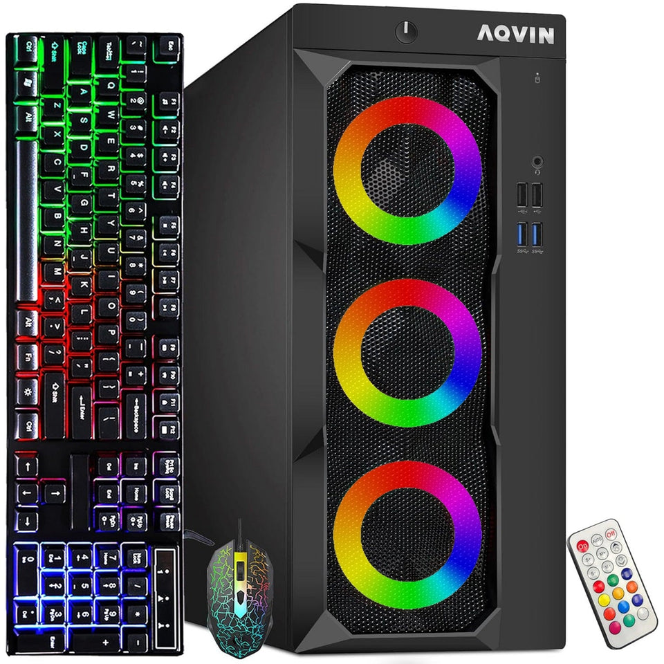 Gaming Desktop AQVIN Computer Tower PC. Intel Core i7 - 6th/ 7th CPU.  32GB DDR4 RAM. 1TB SSD Storage. RX 550/GTX1630/1050Ti/1650. Windows 10 Pro. RGB Keyboard and Mouse - Refurbished
