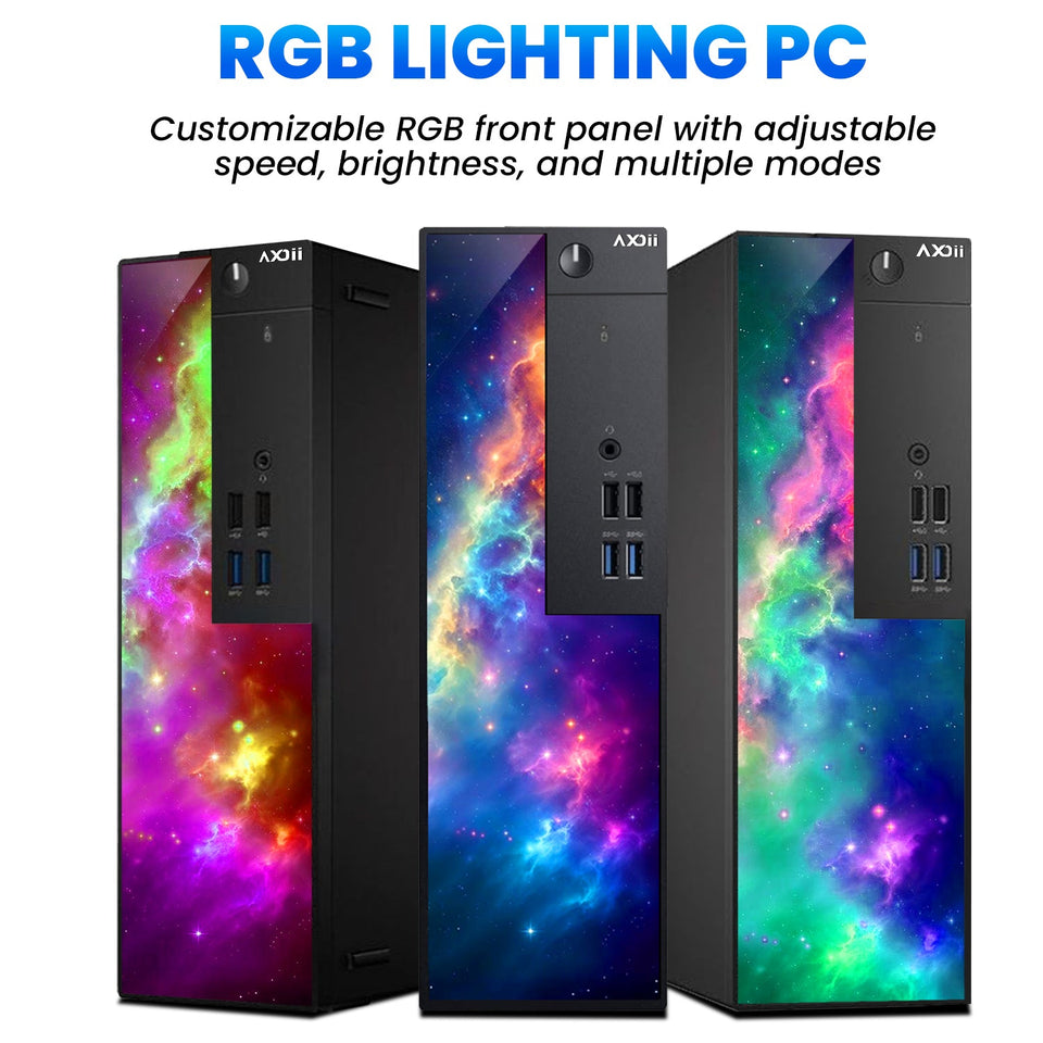 AXOII SPARK Gaming Desktop PC Computer. Intel Core i5/i7 - 8th Gen Processor. Graphics Card - AMD RX 550 / GT1030. 16GB DDR4 RAM. 512GB NVMe SSD. 24/27 Inch FHD Monitor. Wi-Fi. Bluetooth Adapter - Windows 11 Pro