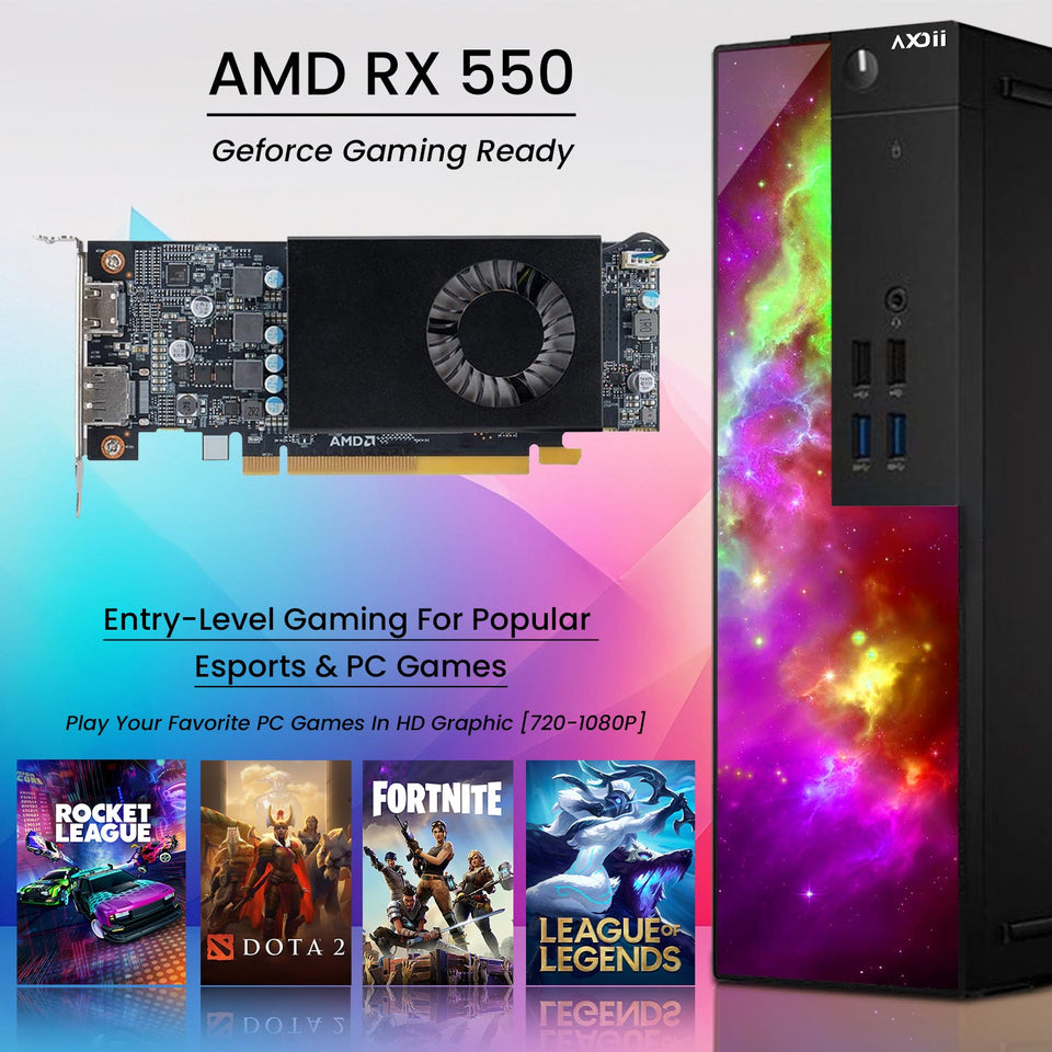 AXOII SPARK Gaming Desktop PC Computer. Intel Core i5/i7 - 8th Gen Processor. Graphics Card - AMD RX 550 / GT1030. 16GB DDR4 RAM. 512GB NVMe SSD. 24/27 Inch FHD Monitor. Wi-Fi. Bluetooth Adapter - Windows 11 Pro