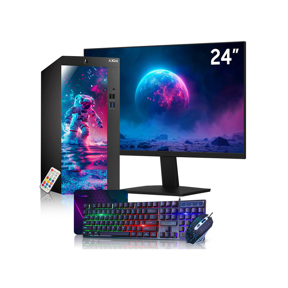 AXOII Custom RGB Desktop PC. Intel Core i5 - 8th Gen Up to 4.10GHz processor. 16GB DDR4 RAM. 512GB - 1TB NVMe SSD. 24/27 Inch FHD Monitor. Wi-Fi. Bluetooth Adapter - Windows 11 Pro