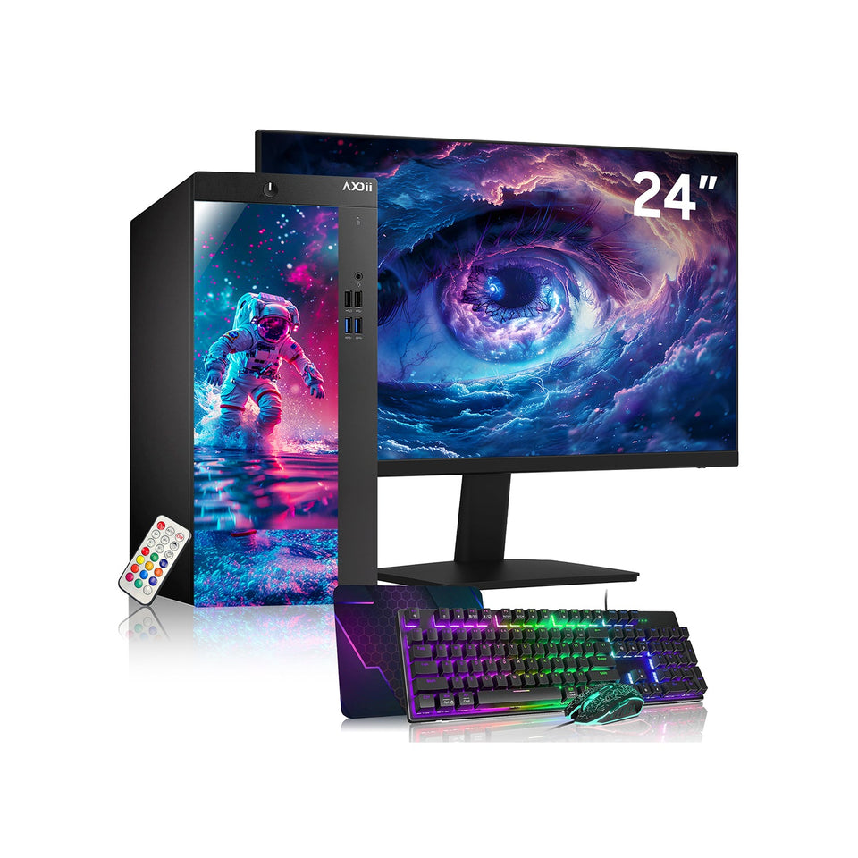 AXOII Custom RGB Desktop PC. Intel Core i5 - 8th Gen Up to 4.10GHz processor. 16GB DDR4 RAM. 512GB - 1TB NVMe SSD. 24/27 Inch FHD Monitor. Wi-Fi. Bluetooth Adapter - Windows 11 Pro