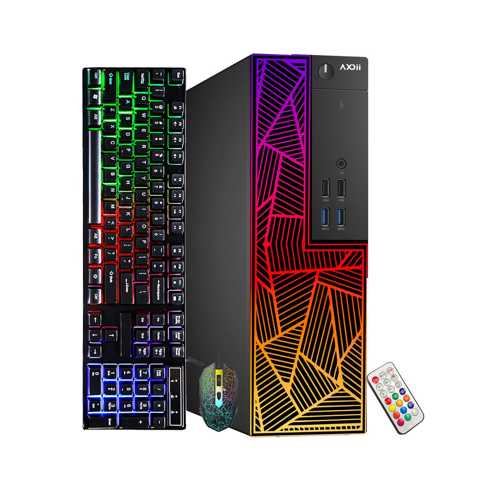 AXOII PRISM RGB Desktop Computer PC. Intel Core I7 - 6700 Up to 4.0GHz Processor. Graphics Card - AMD Radeon RX 550. 16GB - 32GB DDR3L RAM. 512GB - 1TB SSD. Wi-Fi. Bluetooth - Windows 10 Pro