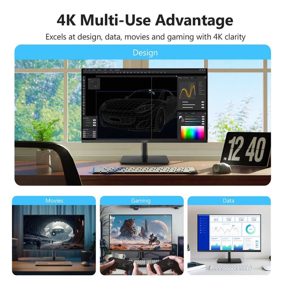 Z-EDGE 27 Inch 4K Monitor. Gaming Monitor. UHD 2160P IPS Display. AMD FreeSync. HDR Support. VESA Mount Compatible. Black