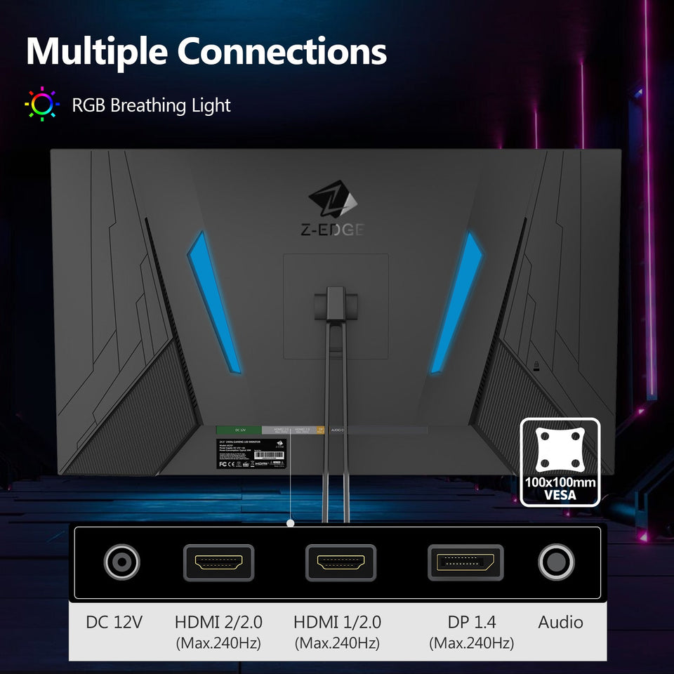 Z-EDGE UG25F 24.5 Gaming Monitor 240Hz. FHD 1920x1080 Computer Monitor. 1ms Frameless LED. AMD Freesync Premium Display Port x1 HDMI x2. HDR. Contrast Ratio 5000:1