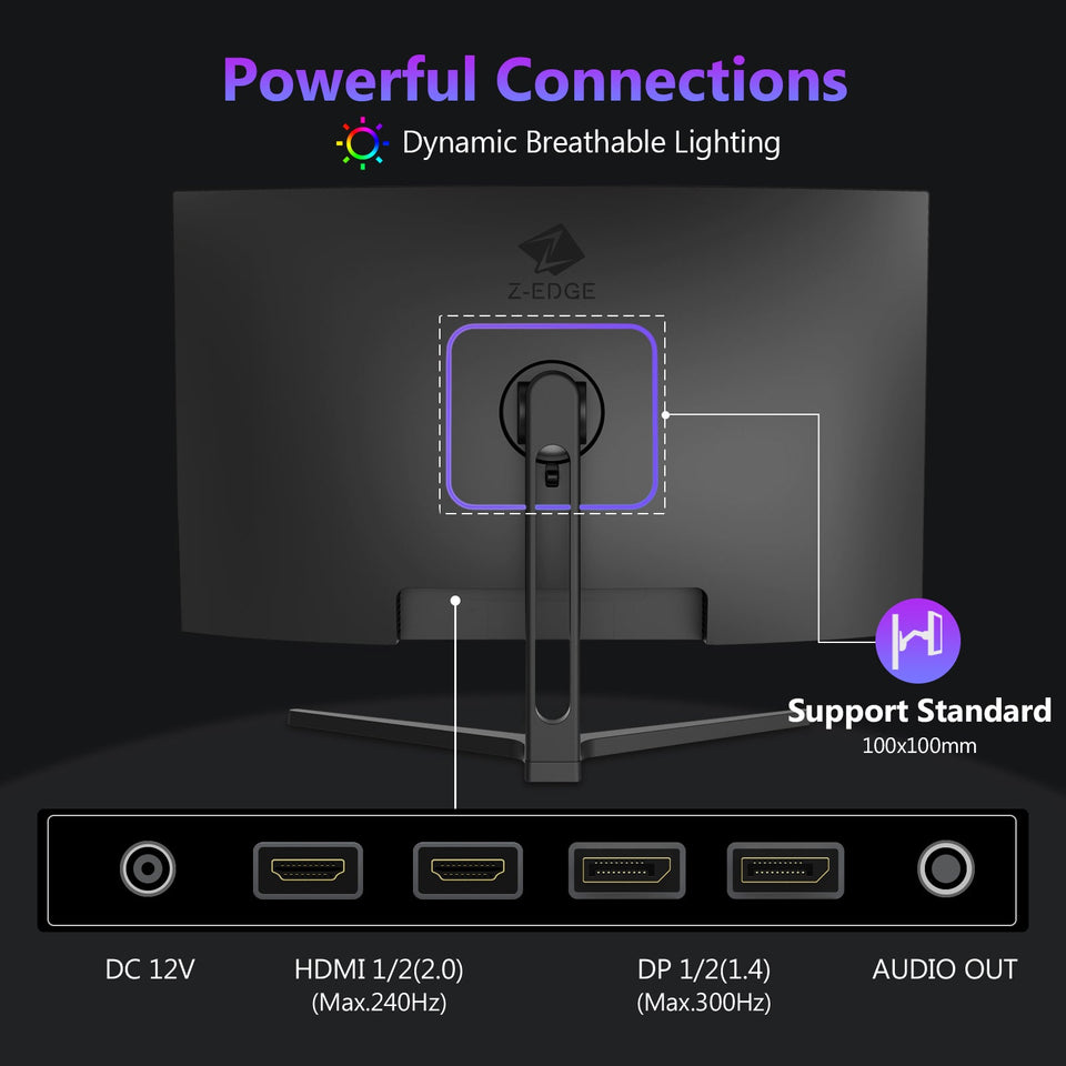Z-EDGE 27 Inch 300Hz Curved Gaming Monitor. FHD 1080P VA Display. 1ms MPRT. AMD FreeSync. HDR Support. VESA Mount Compatible. Black