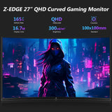 Z-EDGE 27 Inch QHD Curved Gaming Monitor 165Hz(DP) 144Hz(HDMI) 1ms 2K Resolution 2560x1440 Frameless LED Gaming Monitor. HDMI DP. Support Wall Mount