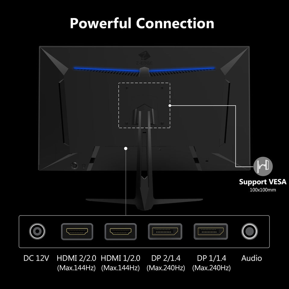 Z-EDGE 27 240Hz 2K IPS Gaming Monitor. QHD(2560x1440)   Freesync. HDMl x2. DisplayPort x2