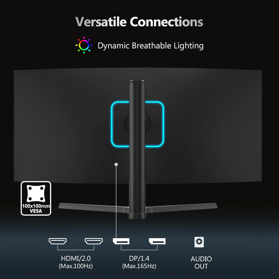 34Inch Ultrawide Gaming Monitor. WQHD(3440*1440P) 165Hz Curved Monitor.1500R. 99% sRGB. Computer Monitor That Support AMD Freesync. HDMI 2.0 & Displayport 1.4.Wall Mountable Installs-Black