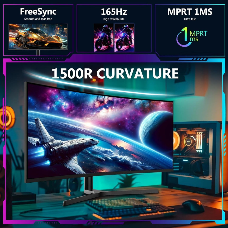 34Inch Ultrawide Gaming Monitor. WQHD(3440*1440P) 165Hz Curved Monitor.1500R. 99% sRGB. Computer Monitor That Support AMD Freesync. HDMI 2.0 & Displayport 1.4.Wall Mountable Installs-Black